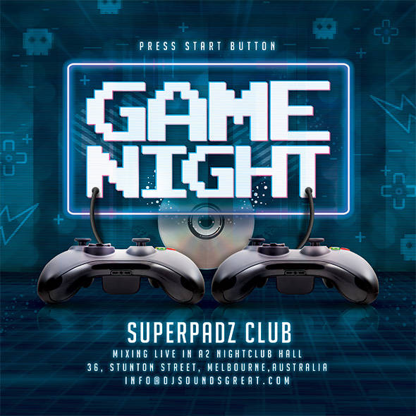 Retro gaming night flyer with pixel-art title and controllers