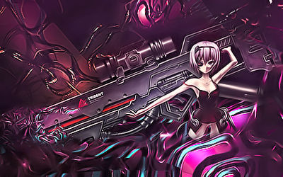 Anime girl with oversized sniper rifle, purple sci-fi vibes