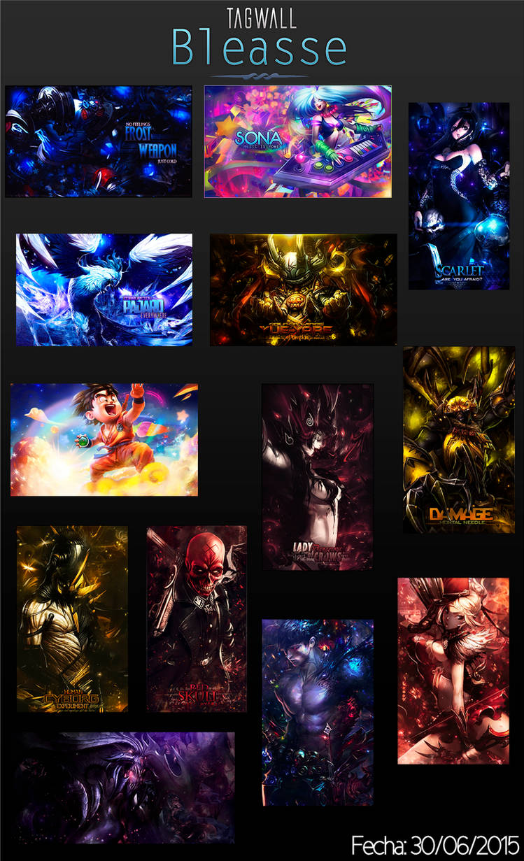 A tagwall collage bursting with vibrant gaming and anime GFX art