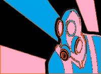 Gas-mask figure GFX art, bold pink-and-blue palette