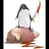 Whimsical penguin painter perched on sleeping figure
