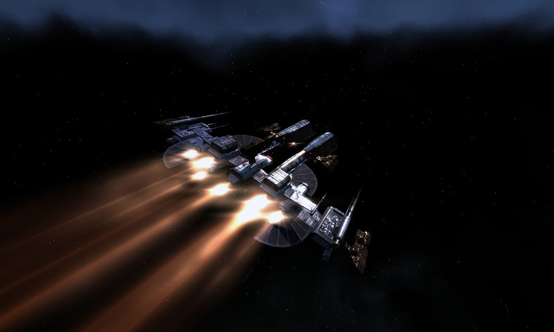Spaceship blasting thrusters through the dark void