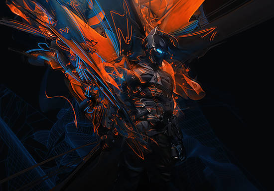Futuristic armored figure amid explosive orange-blue digital energy