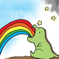 Happy dinosaur breathing a rainbow under starry clouds