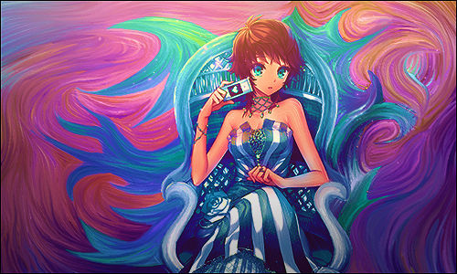Girl on ornate throne amid swirling rainbow smoke art