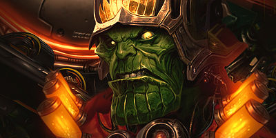 Fierce green orc warrior digital art in fiery armor
