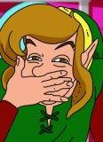 Link from Zelda cartoon, laughing behind his hand