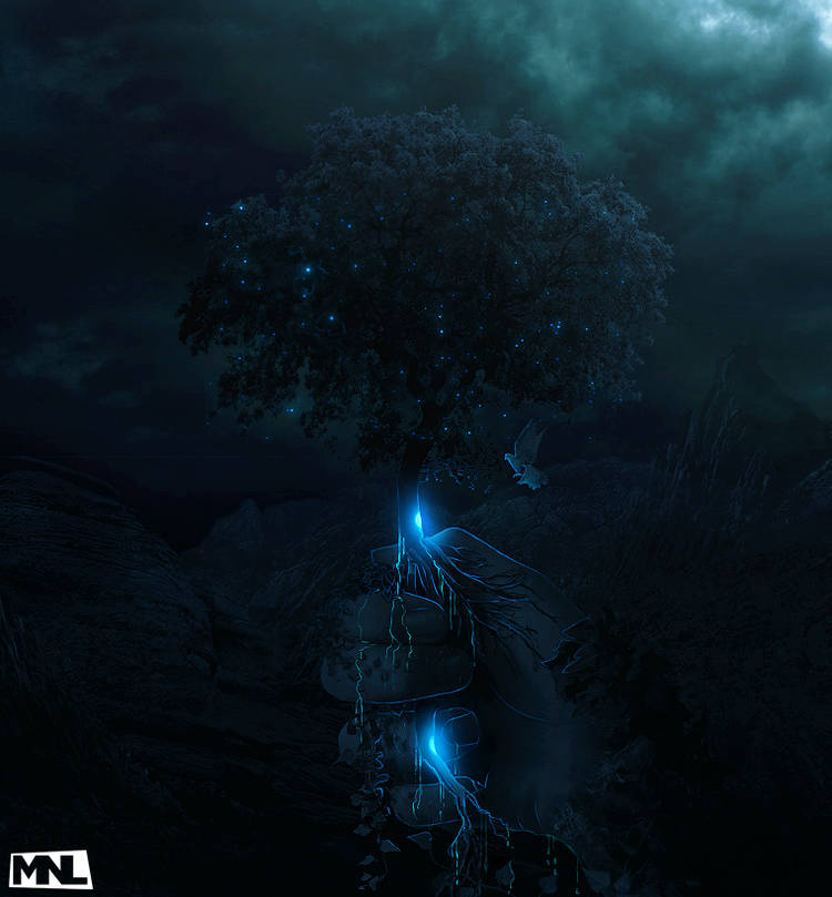 Glowing mystic tree at night, digital fantasy art