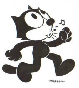 Felix the Cat strolling with musical notes, classic cartoon charm