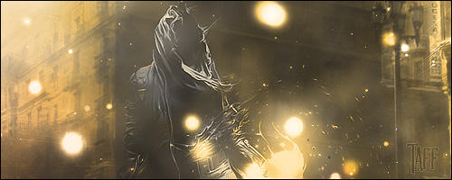 Gritty hooded figure GFX signature with golden bokeh lights