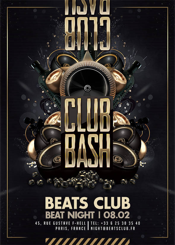 Gold speaker-stack club flyer with bold typography