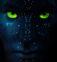 Glowing Avatar-style eyes gazing from the darkness
