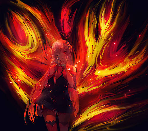Fiery phoenix-winged anime girl GFX, striking digital art
