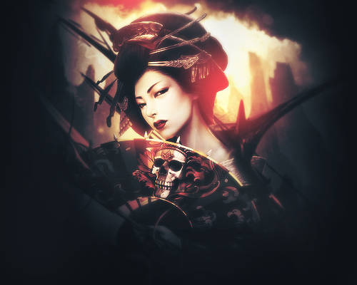 Geisha warrior art with skull motif, dark cinematic style