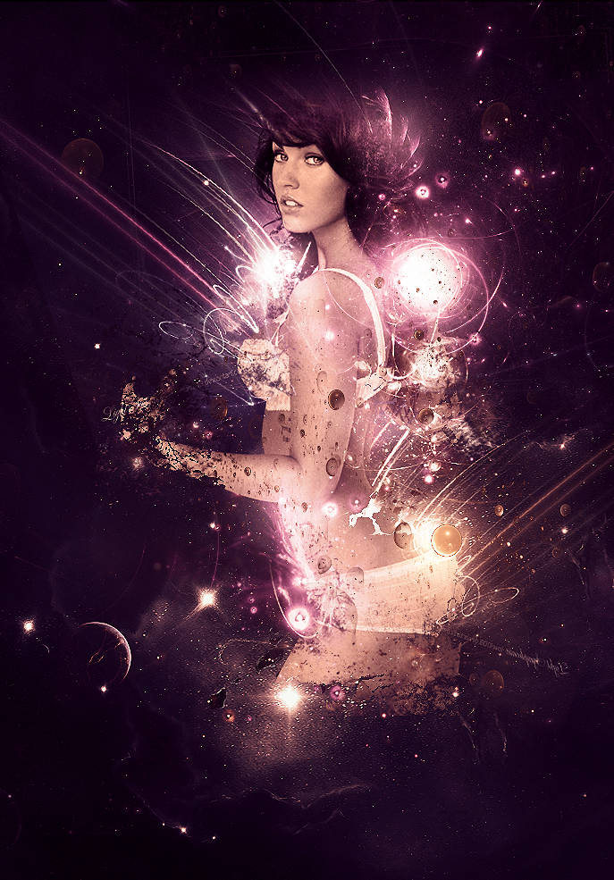 Cosmic girl bathed in starlight and nebula sparks