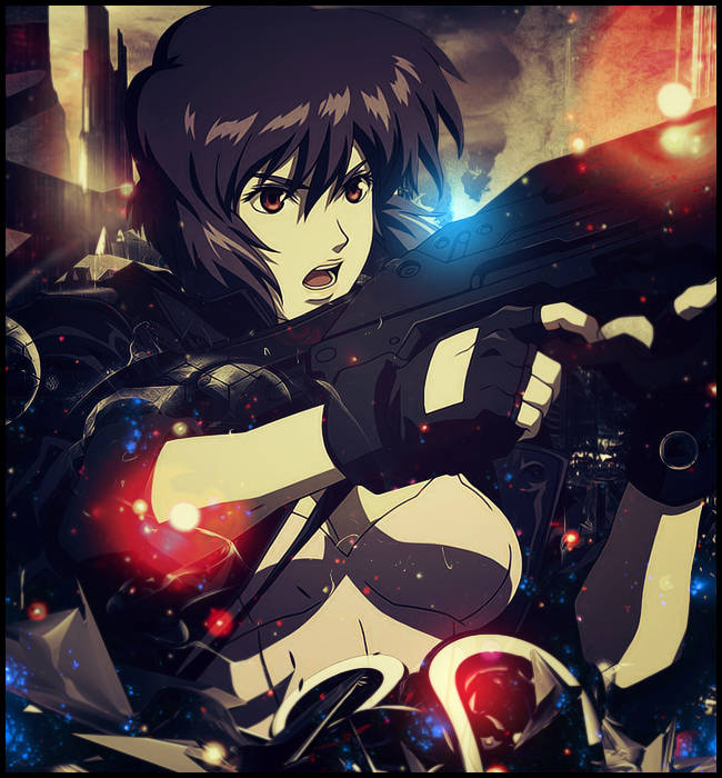 Cyberpunk anime warrior GFX with gun and neon glow