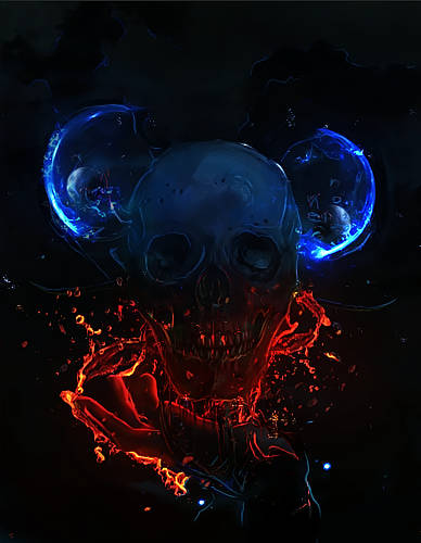 Fiery skull emerging from dark, glowing blue rings