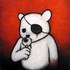 Eyepatch bear mascot avatar with red backdrop