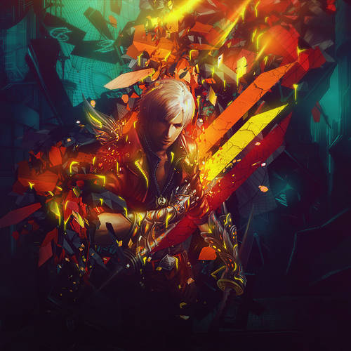 Blazing sword-wielding warrior GFX art, vivid red-gold energy