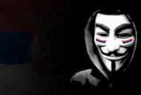 Anonymous mask over the Serbian flag, hacker-culture vibe