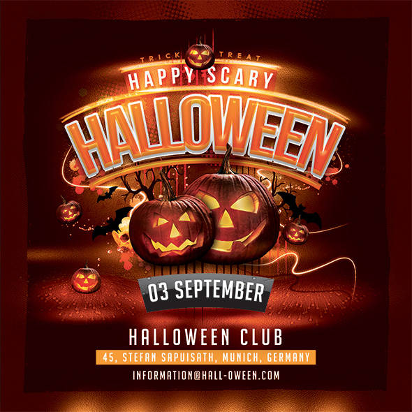 Spooky Halloween party flyer with glowing jack-o'-lanterns