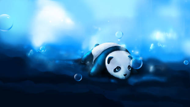 Dreamy panda cub digital painting drifting through blue bubbles