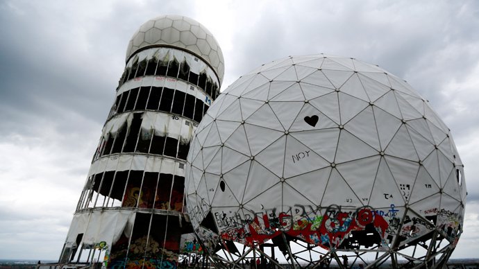 Abandoned NSA listening station domes, graffiti-covered relic