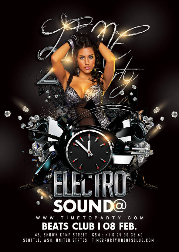 Sleek electro party flyer with clock and glam model