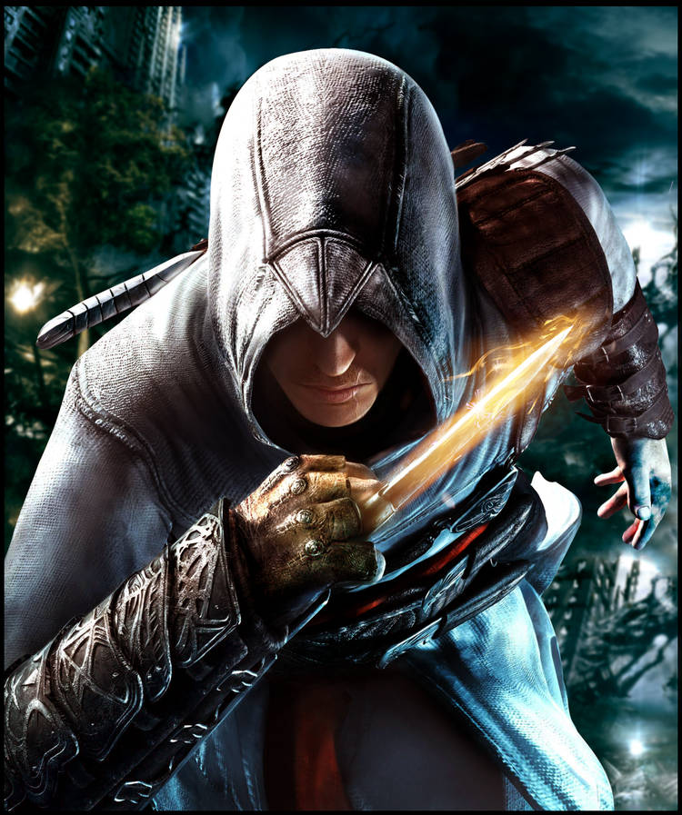 Assassin's Creed hooded figure with glowing blade artwork