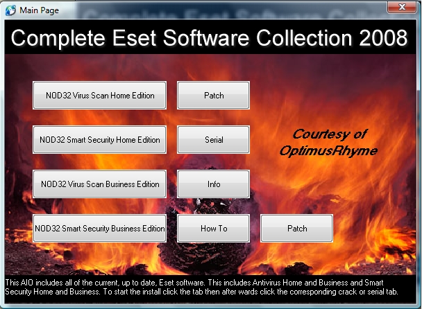 Fiery AIO installer menu for pirated ESET NOD32 suite