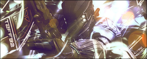 Sci-fi soldier signature art with sleek chrome tech overlays