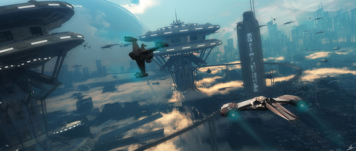Futuristic sci-fi cityscape with starships soaring overhead