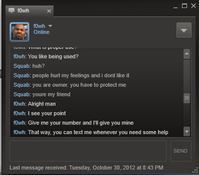 Old Steam chat log capturing an awkward friendship moment