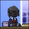 Darth Vader as a suited-up newsroom anchor, giving updates
