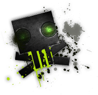 Cracked robot skull with glowing green eyes and splatter