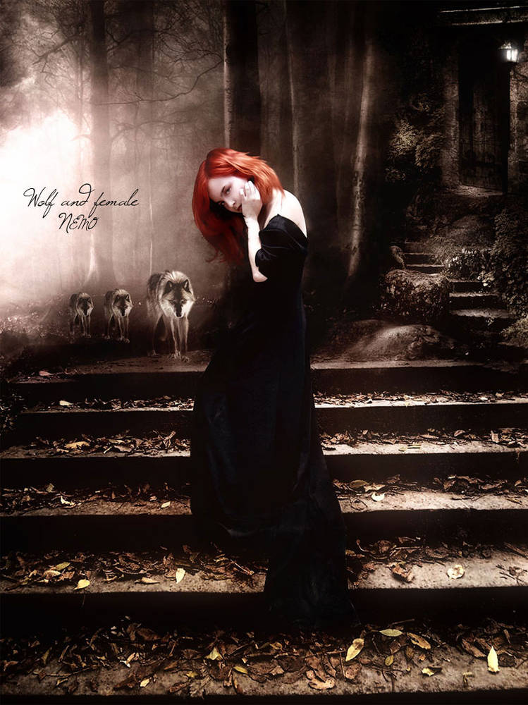 Red-haired woman haunted by wolves on gothic stairs