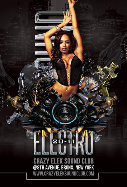 Electro club flyer with turntables and disco imagery