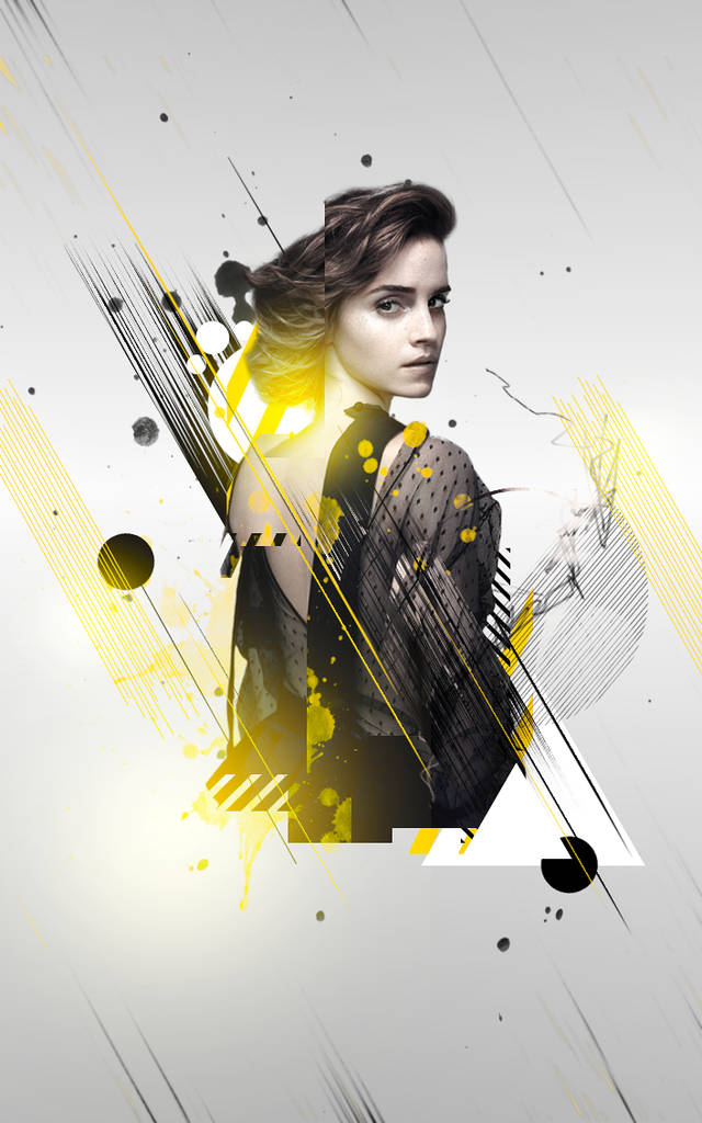 Abstract portrait GFX with yellow splatter and geometric shapes