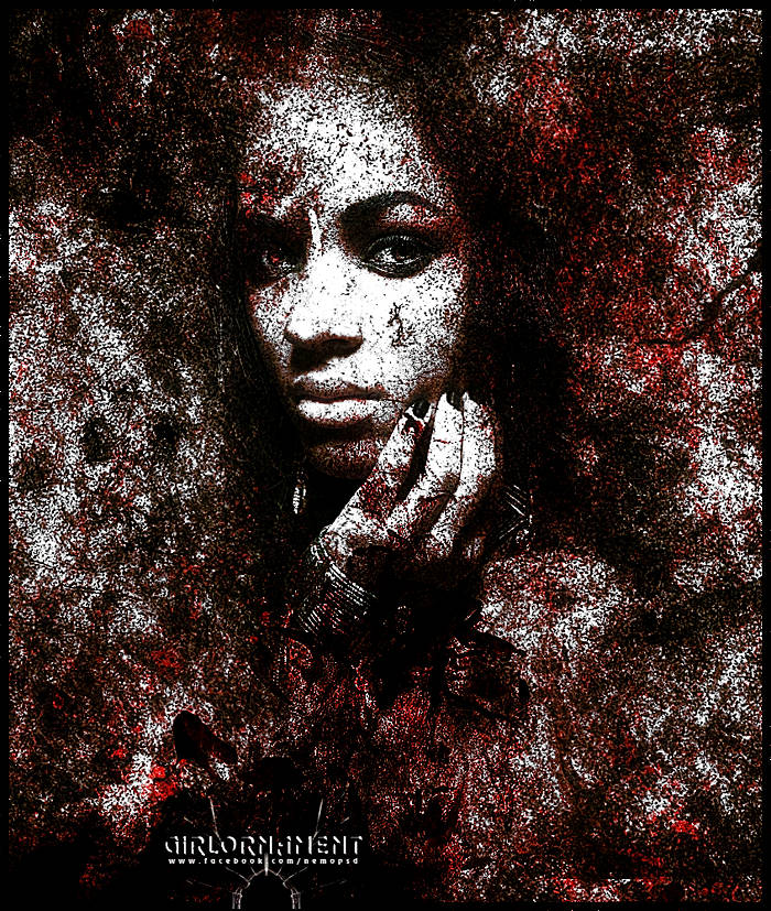 Grungy horror-style portrait GFX with textured red splatter effect