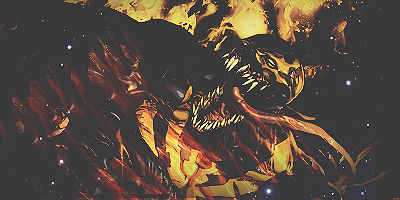 Fiery monster GFX art with glowing teeth and flames