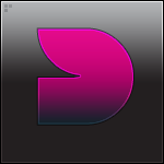 Sleek pink 'D' logo glowing on dark background
