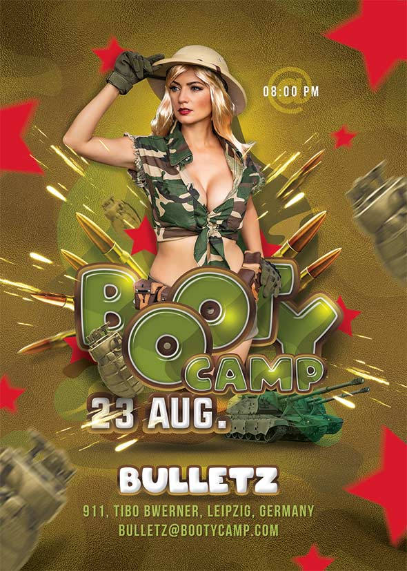 Military pin-up party flyer for Booty Camp event