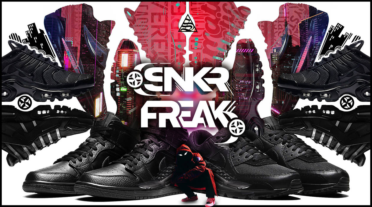 Sneakerhead-style GFX banner with cyberpunk city and black kicks