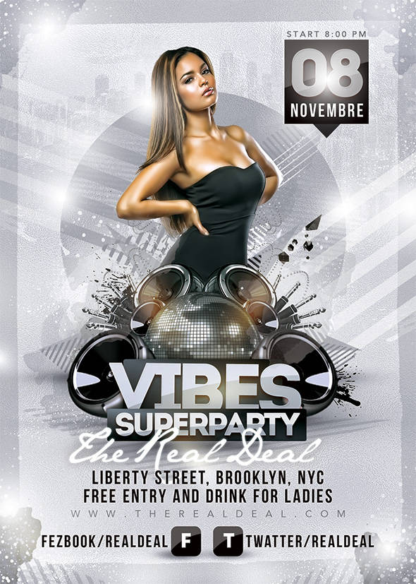 Party flyer GFX design with disco ball and speakers