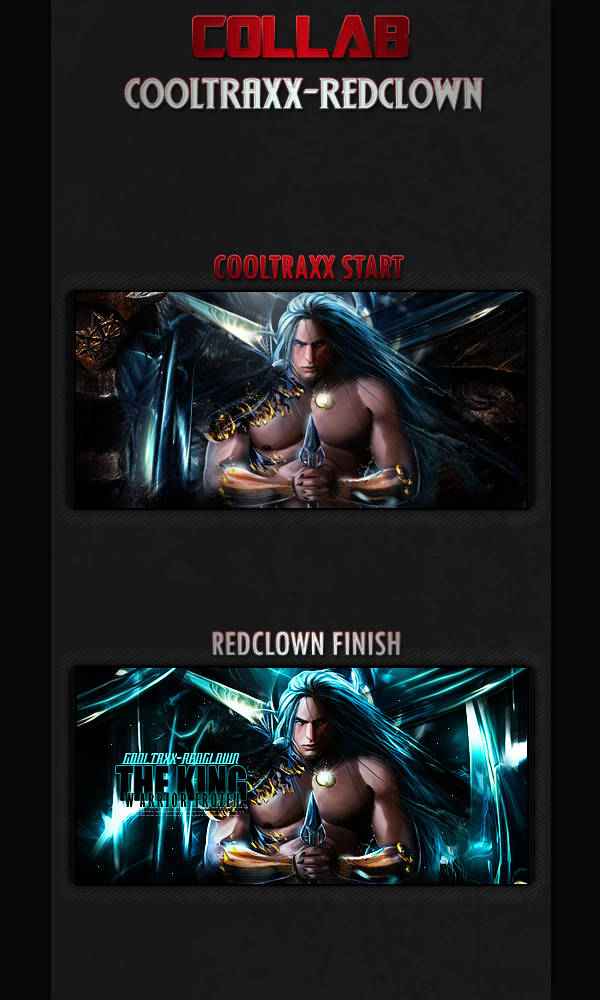 Collab GFX showing before/after transformation of warrior artwork