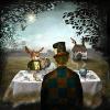 Surreal tea party scene with rabbit and moonlit tree
