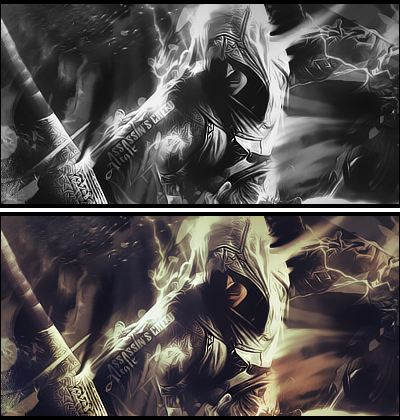 Assassin's Creed hooded figure GFX, black-white and sepia split