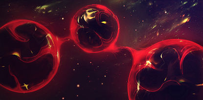 Fiery cosmic orbs glowing red against a starlit void