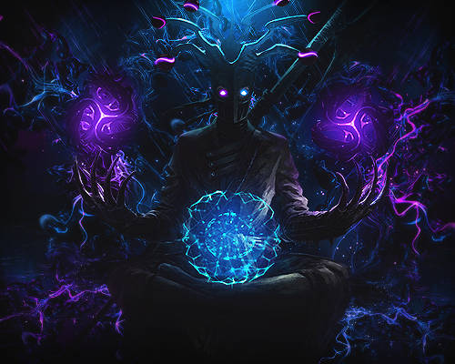 Glowing alien figure channeling neon energy orb