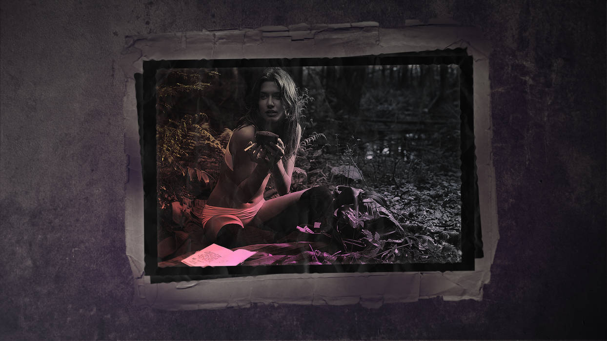 Moody forest portrait mounted like a torn photograph
